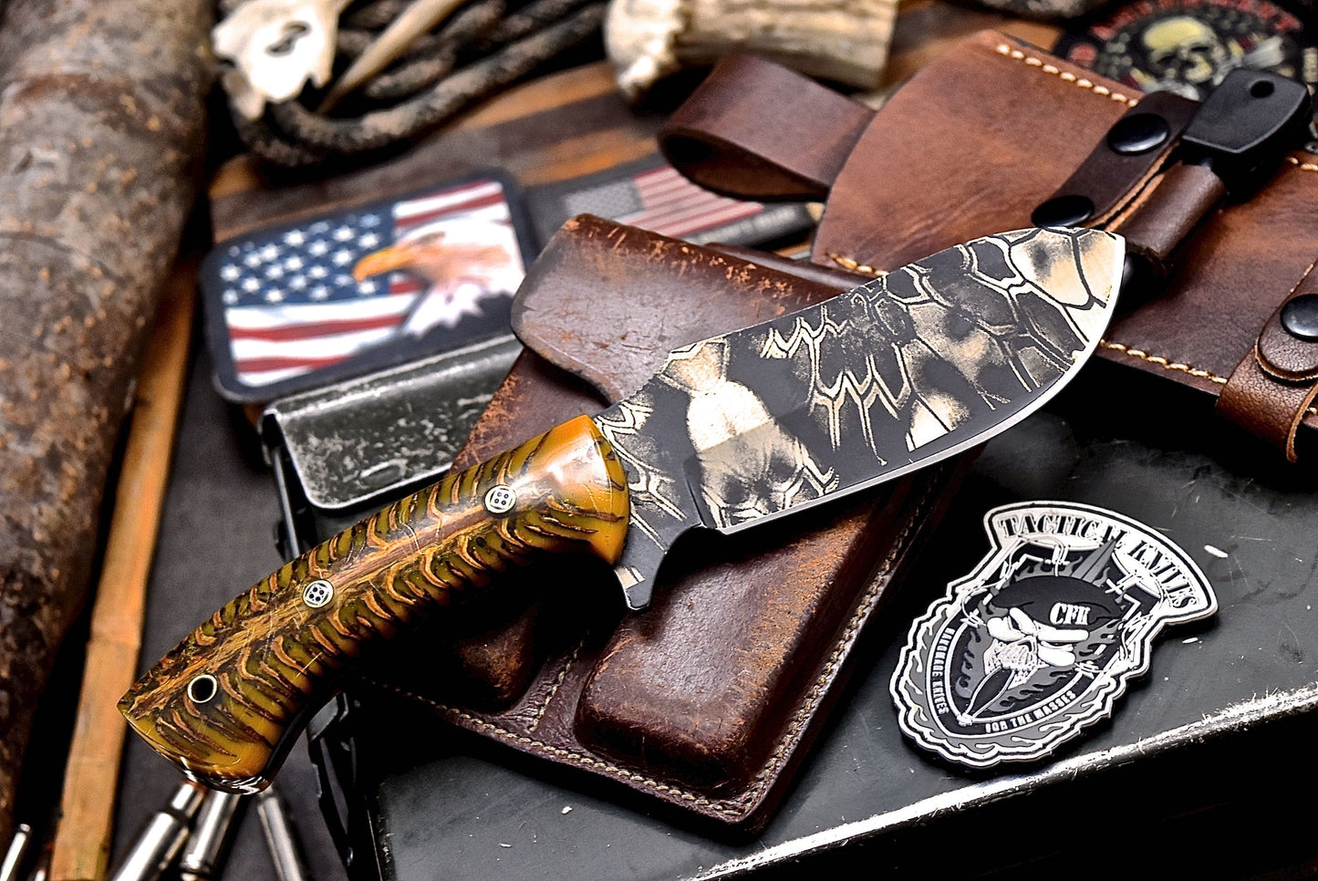 CFK Handmade CAMO AUS 8 Custom PINE CONE Hunting Knife & Fire Starter Kit Sheath Set
