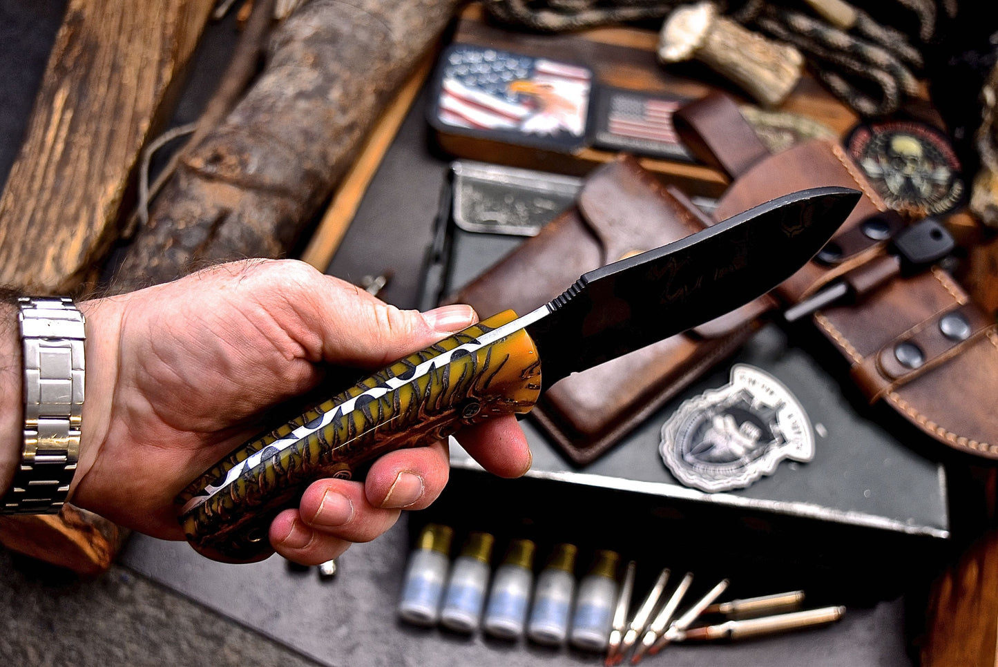 CFK Handmade CAMO AUS 8 Custom PINE CONE Hunting Knife & Fire Starter Kit Sheath Set