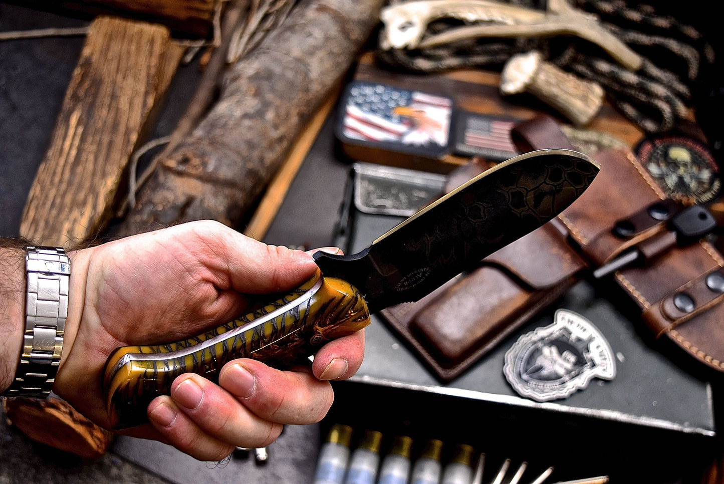 CFK Handmade CAMO AUS 8 Custom PINE CONE Hunting Knife & Fire Starter Kit Sheath Set