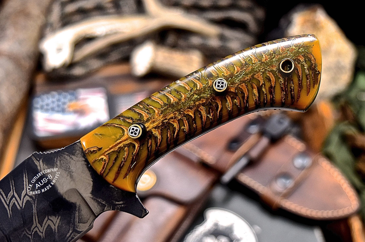 CFK Handmade CAMO AUS 8 Custom PINE CONE Hunting Knife & Fire Starter Kit Sheath Set