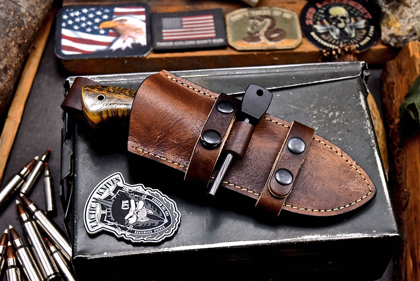 CFK Handmade CAMO AUS 8 Custom PINE CONE Hunting Knife & Fire Starter Kit Sheath Set