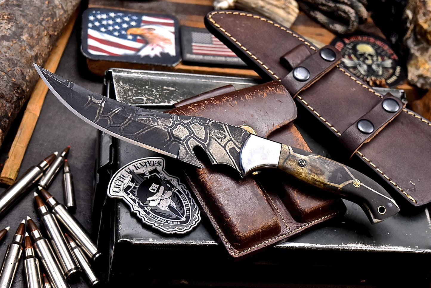 CFK Handmade CAMO 440C Custom PINE CONE Hunting Skinning Knife & Sheath Set