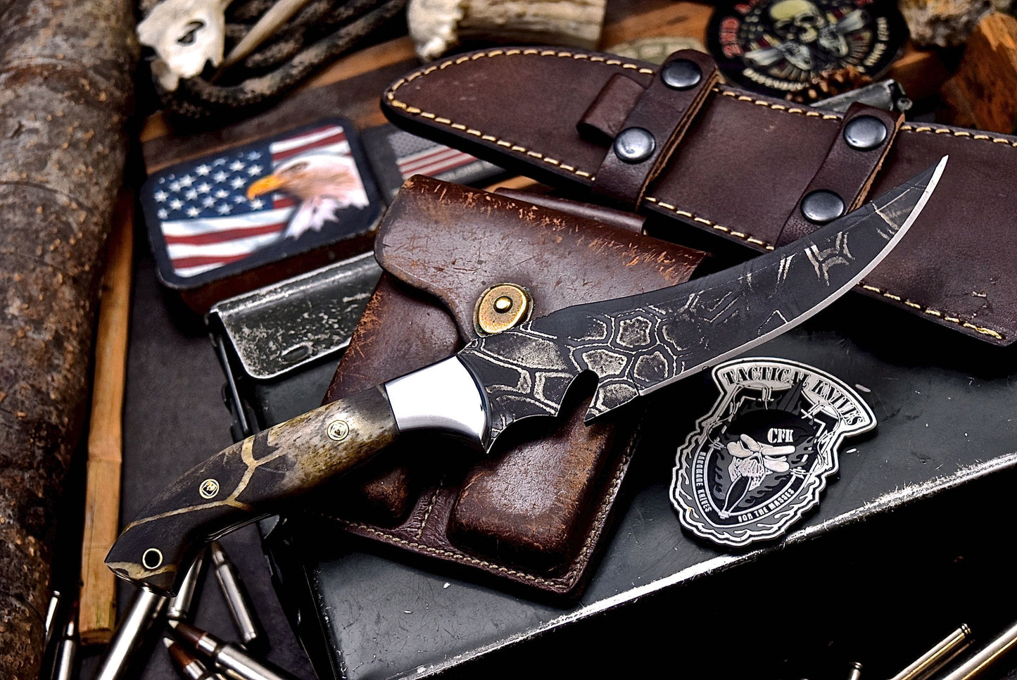 CFK Handmade CAMO 440C Custom PINE CONE Hunting Skinning Knife & Sheath Set