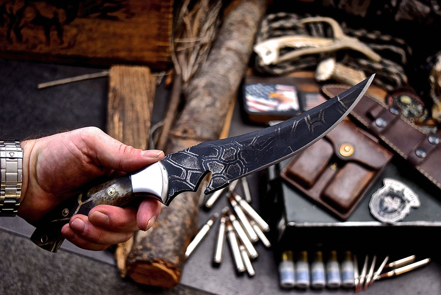 CFK Handmade CAMO 440C Custom PINE CONE Hunting Skinning Knife & Sheath Set