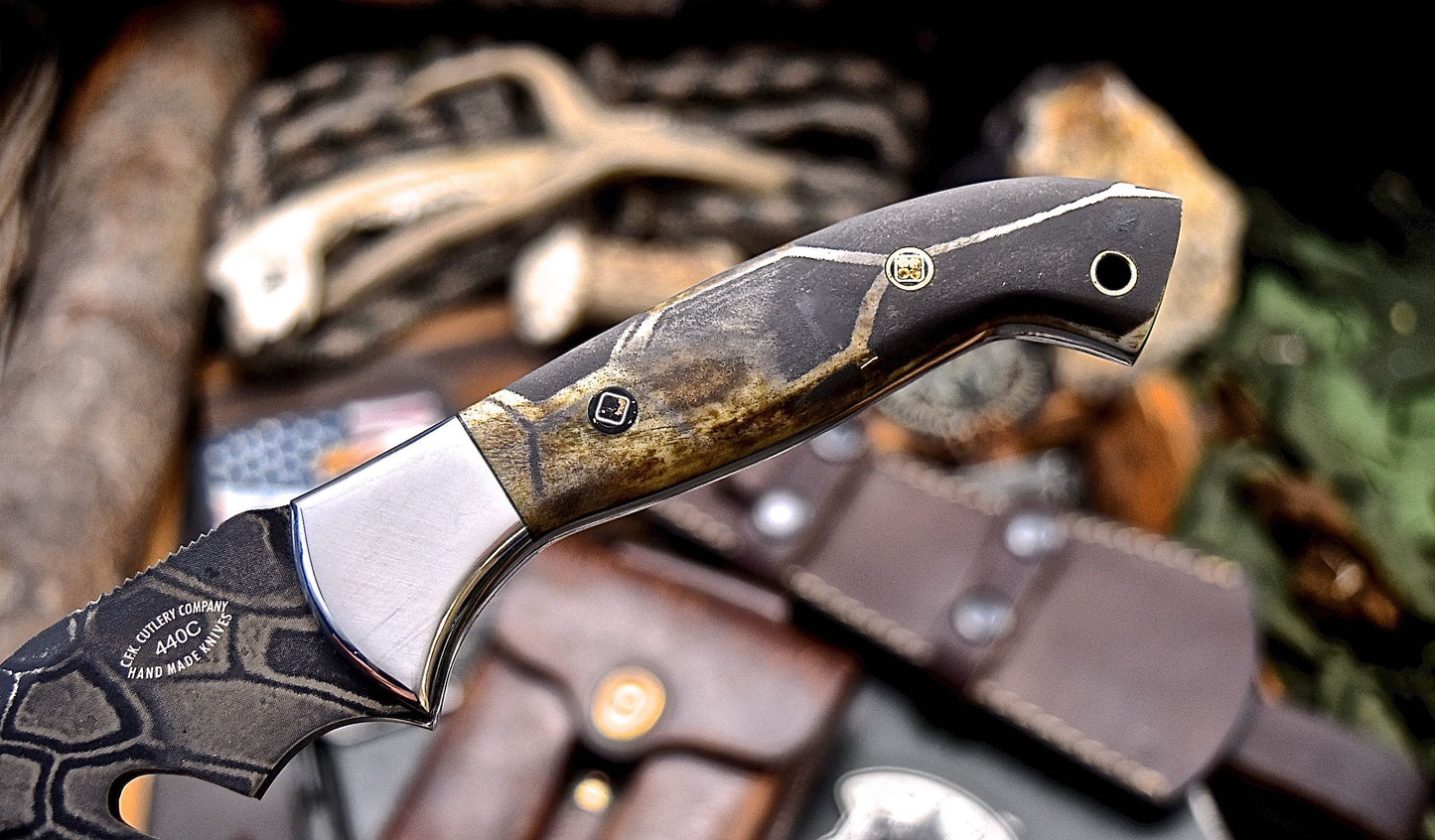 CFK Handmade CAMO 440C Custom PINE CONE Hunting Skinning Knife & Sheath Set