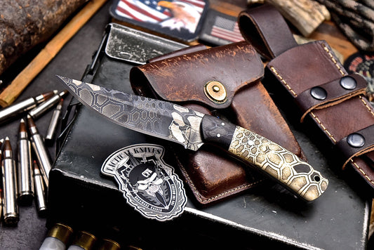 CFK IPAK Handmade CAMO D2 Custom CAMEL BONE Hunting Sport Knife & Sheath Set