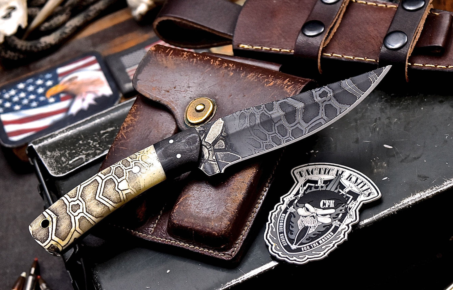 CFK IPAK Handmade CAMO D2 Custom CAMEL BONE Hunting Sport Knife & Sheath Set