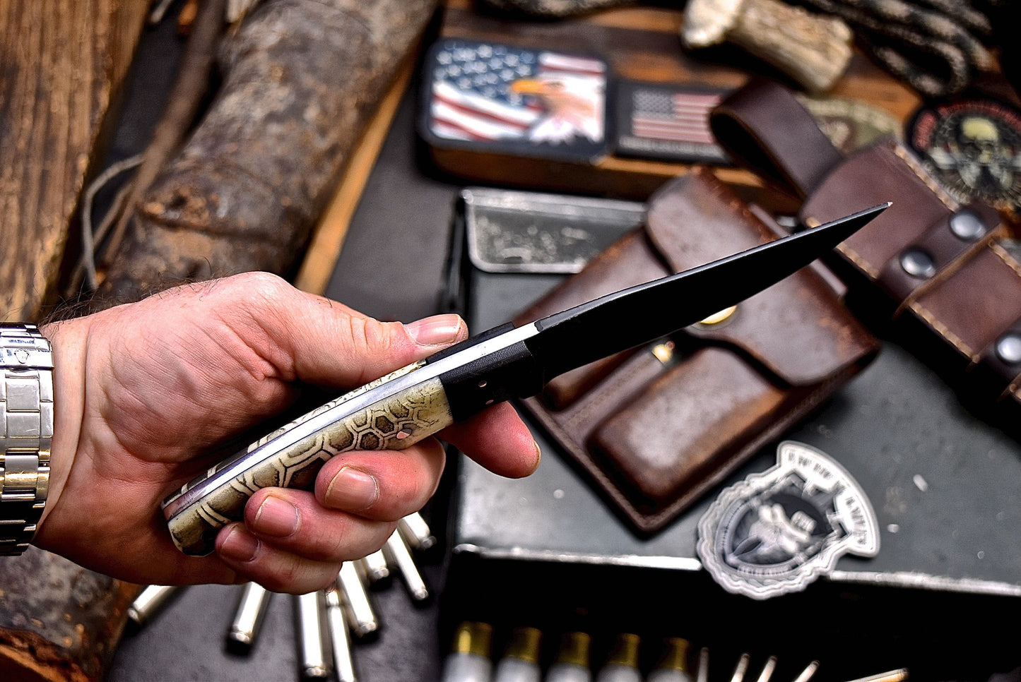 CFK IPAK Handmade CAMO D2 Custom CAMEL BONE Hunting Sport Knife & Sheath Set