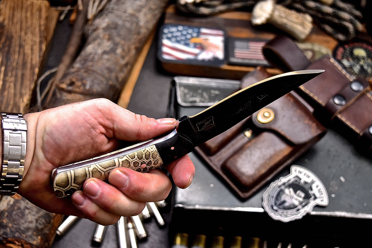 CFK IPAK Handmade CAMO D2 Custom CAMEL BONE Hunting Sport Knife & Sheath Set