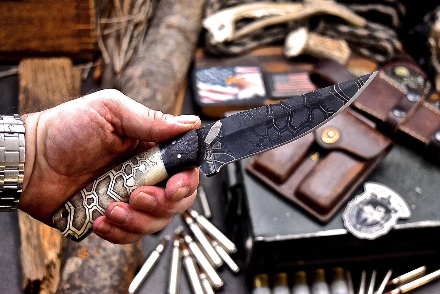 CFK IPAK Handmade CAMO D2 Custom CAMEL BONE Hunting Sport Knife & Sheath Set