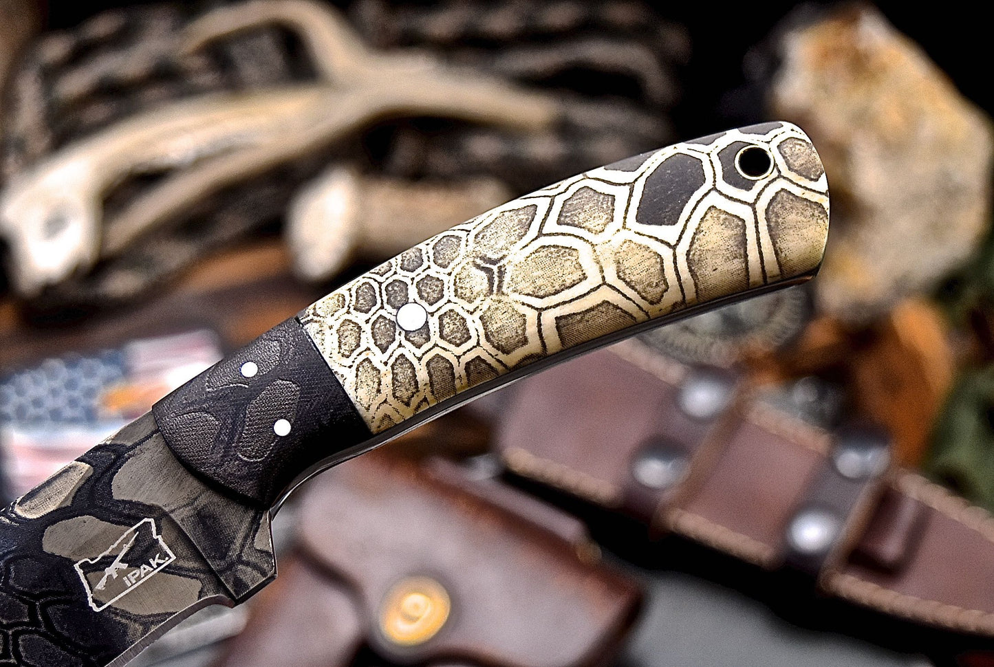 CFK IPAK Handmade CAMO D2 Custom CAMEL BONE Hunting Sport Knife & Sheath Set