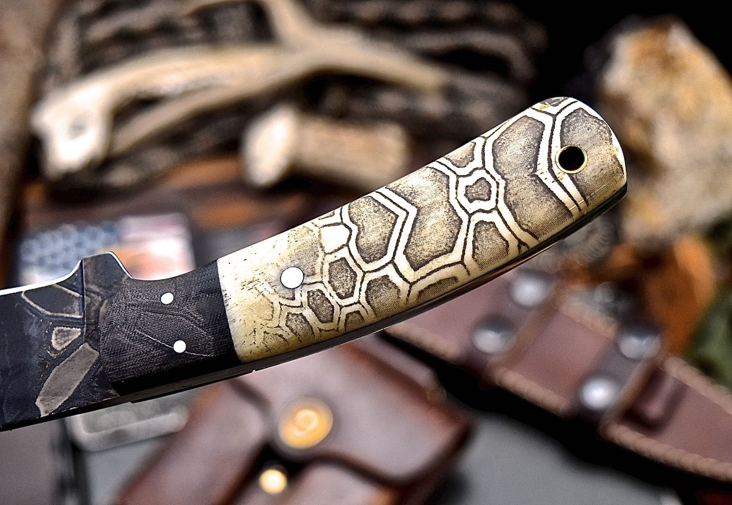 CFK IPAK Handmade CAMO D2 Custom CAMEL BONE Hunting Sport Knife & Sheath Set