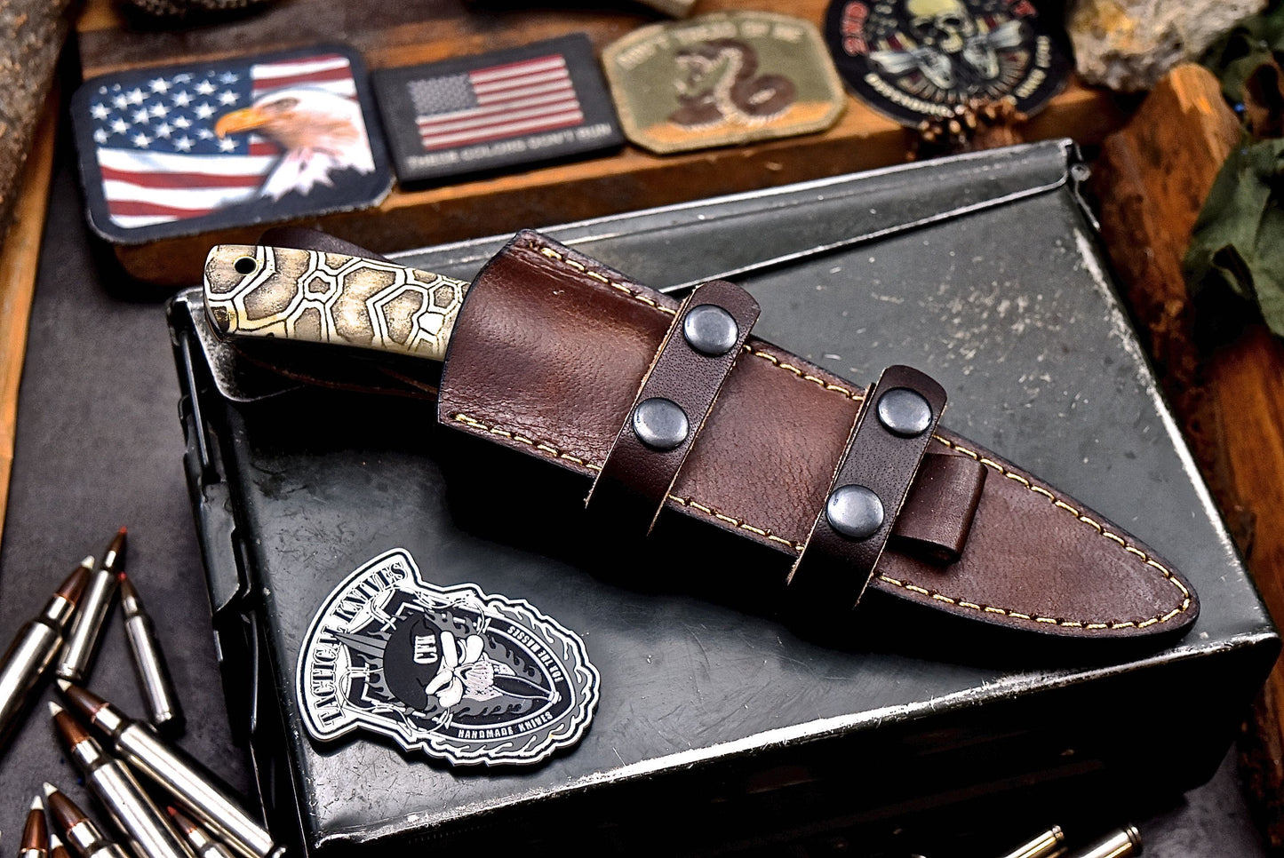 CFK IPAK Handmade CAMO D2 Custom CAMEL BONE Hunting Sport Knife & Sheath Set