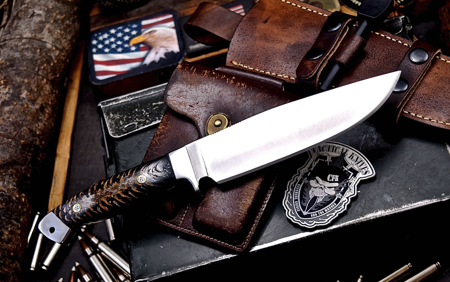 CFK Handmade 440C Custom PINE CONE Hunting Camping Knife & Accessories Sheath Set