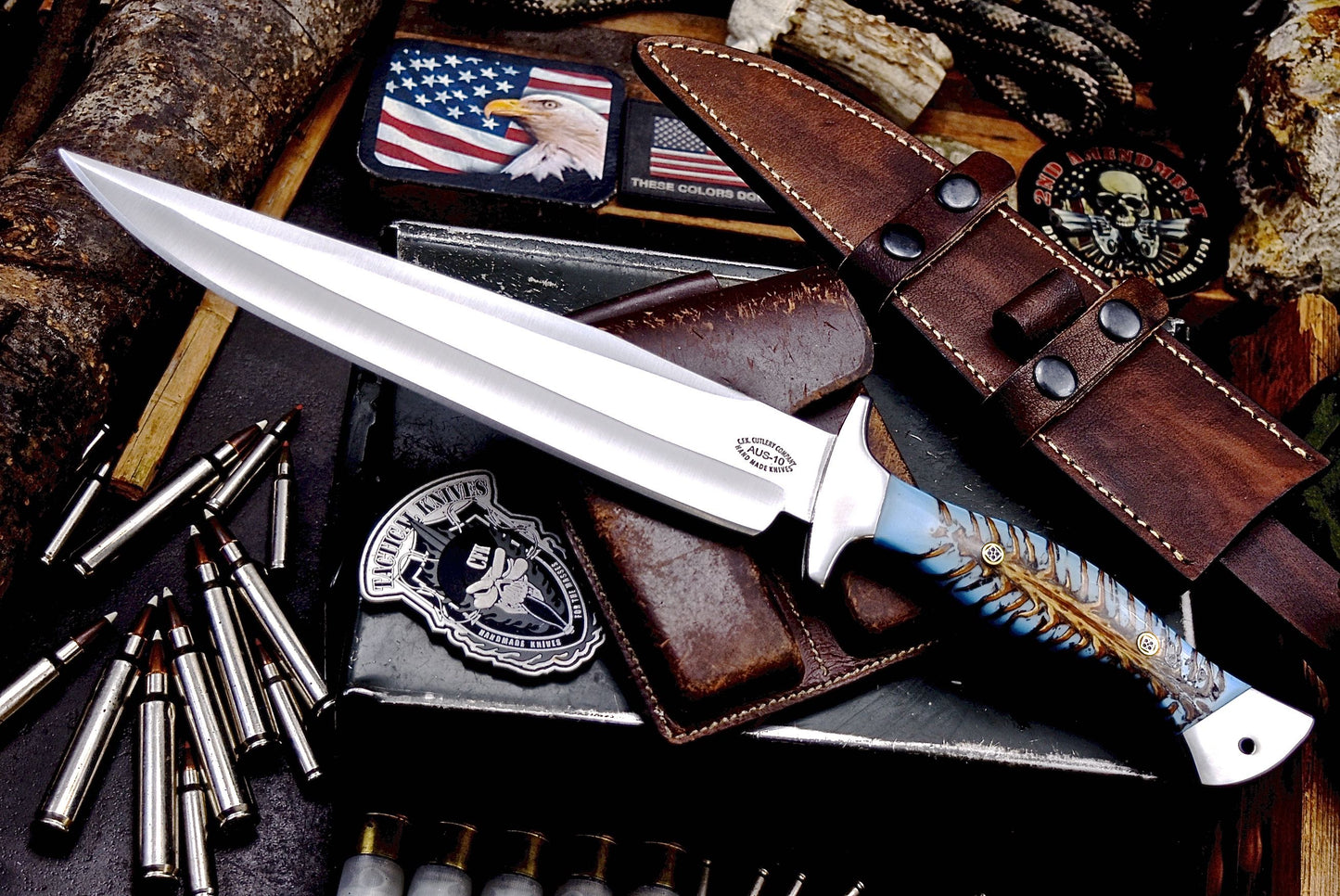 CFK Handmade AUS 10 Custom BLUE PINE CONE Large Hunting Knife & Sheath Set