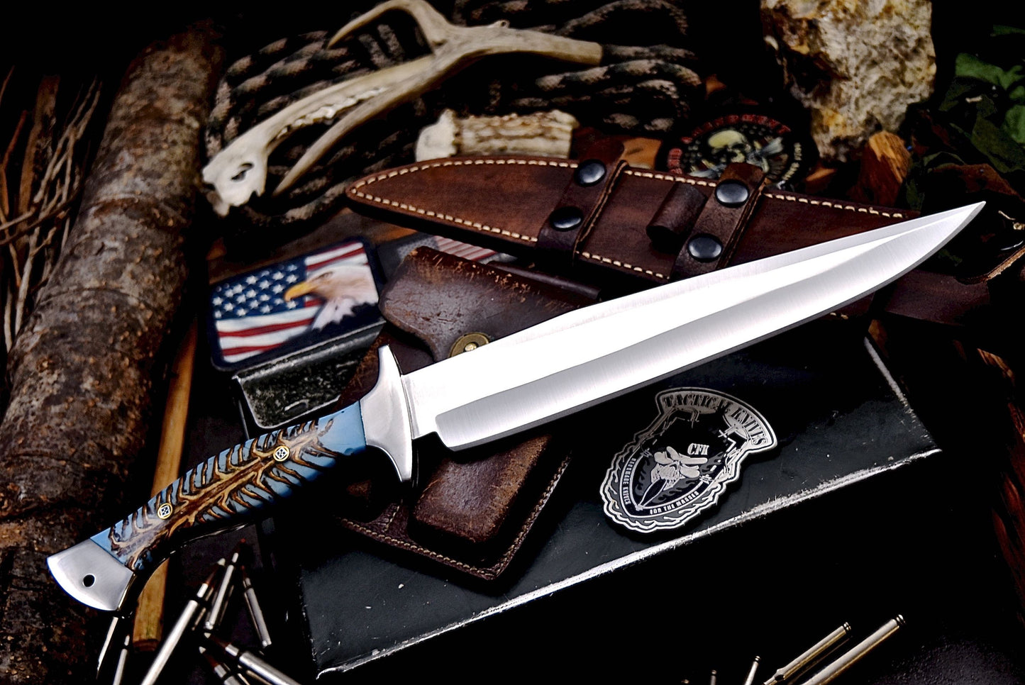 CFK Handmade AUS 10 Custom BLUE PINE CONE Large Hunting Knife & Sheath Set