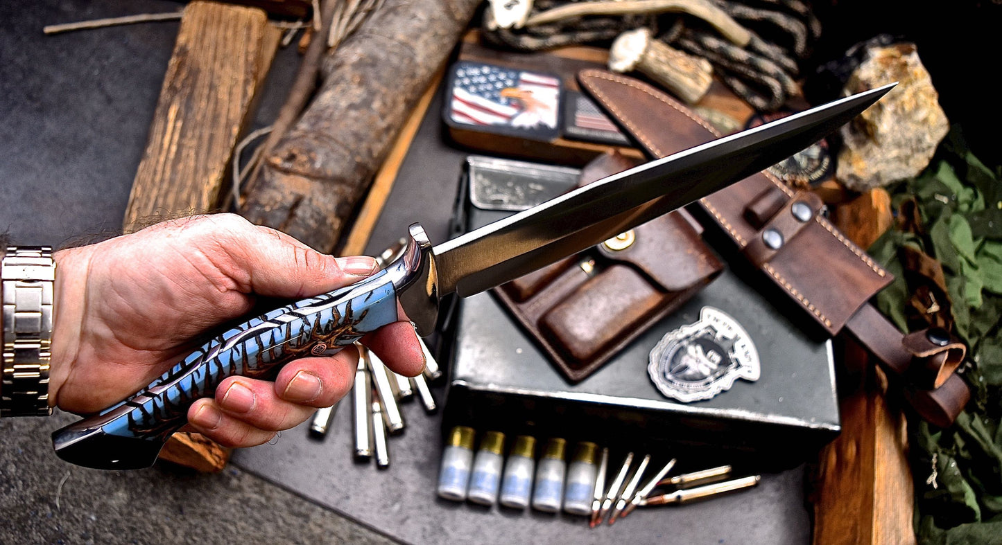CFK Handmade AUS 10 Custom BLUE PINE CONE Large Hunting Knife & Sheath Set