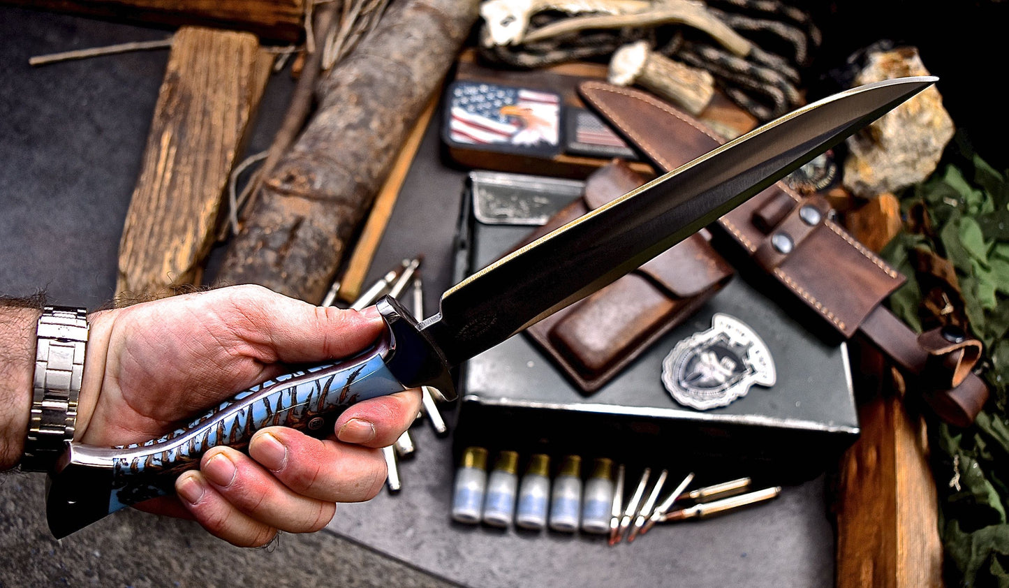CFK Handmade AUS 10 Custom BLUE PINE CONE Large Hunting Knife & Sheath Set