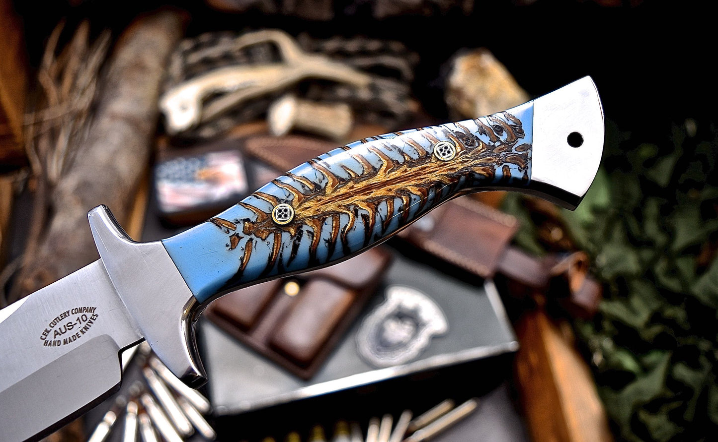 CFK Handmade AUS 10 Custom BLUE PINE CONE Large Hunting Knife & Sheath Set
