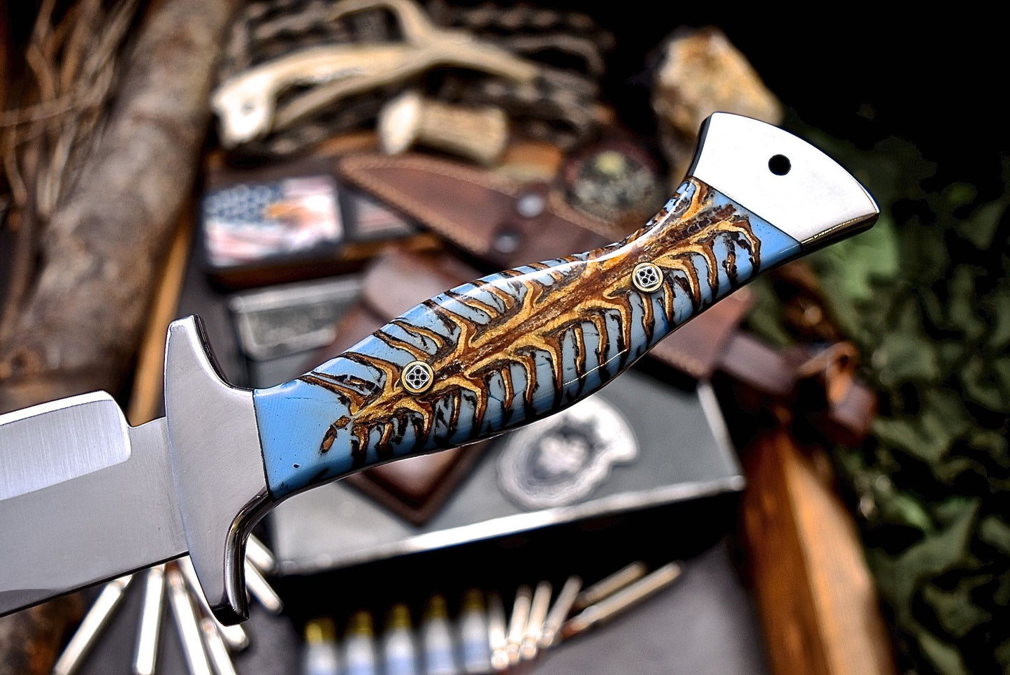 CFK Handmade AUS 10 Custom BLUE PINE CONE Large Hunting Knife & Sheath Set