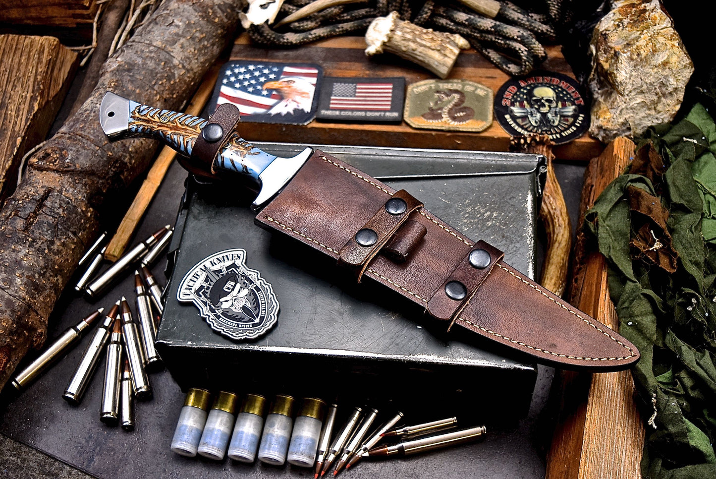 CFK Handmade AUS 10 Custom BLUE PINE CONE Large Hunting Knife & Sheath Set